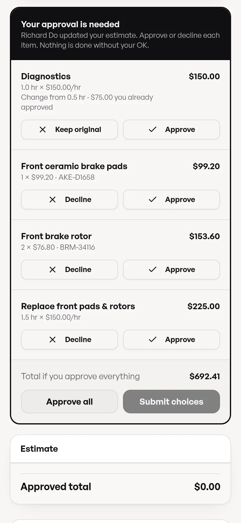 SPARK app estimate screen where the customer approves or declines each repair item