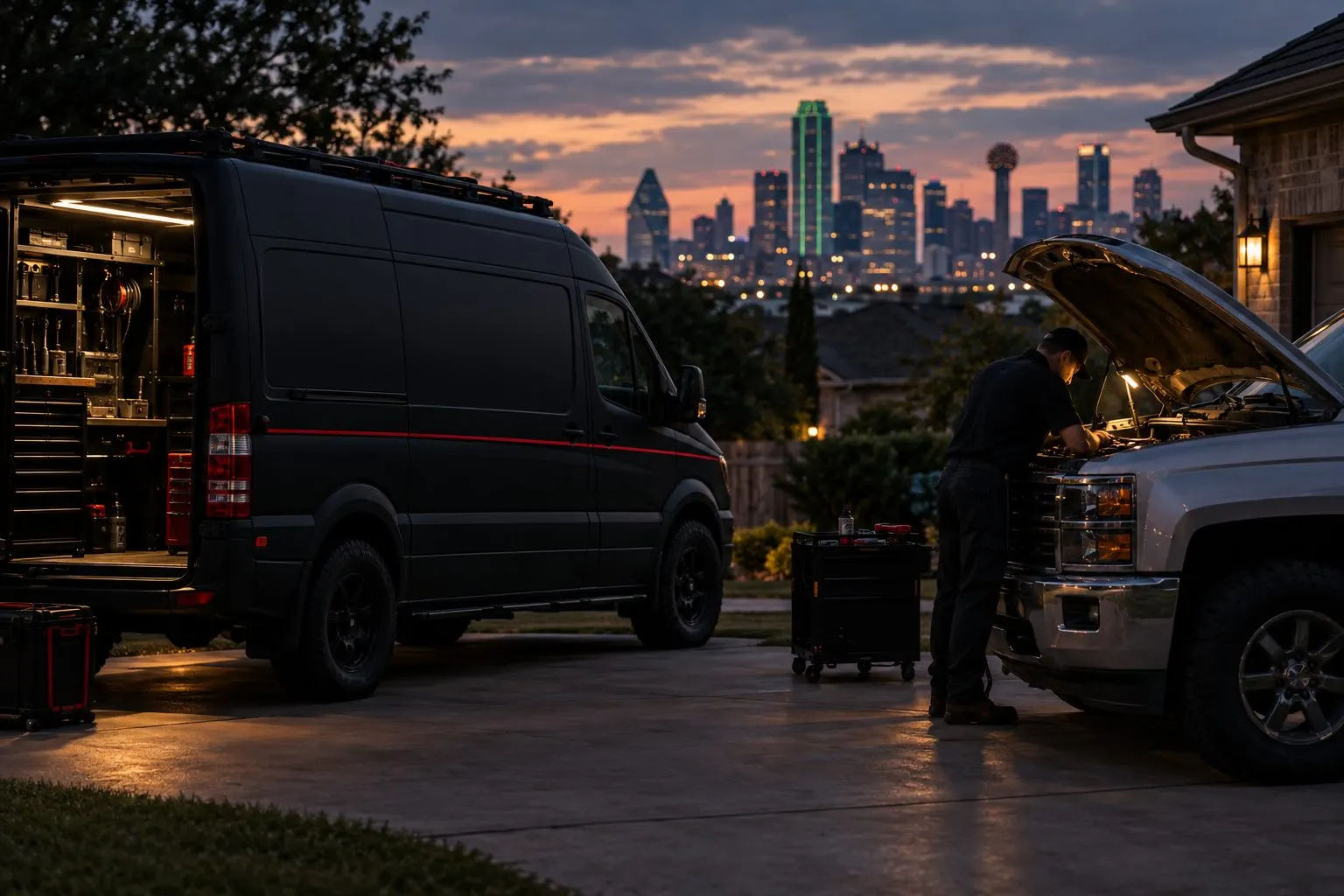 SPARK mobile mechanic van and technician repairing a truck in a Dallas driveway at dusk