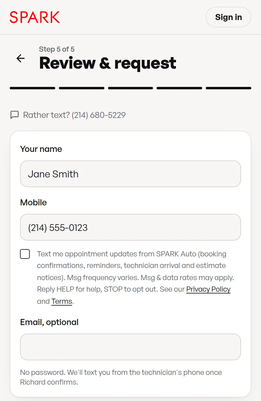 Live SPARK booking form, step 5 Review and request: name and mobile fields with an unchecked box below the mobile field reading: Text me appointment updates from SPARK Auto (booking confirmations, reminders, technician arrival and estimate notices). Msg frequency varies. Msg and data rates may apply. Reply HELP for help, STOP to opt out. See our Privacy Policy and Terms.